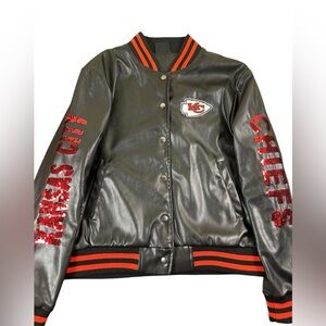 NFL Kansas City Chiefs Sequin Faux Leather Varsity Jacket Women‎ Small Black Red